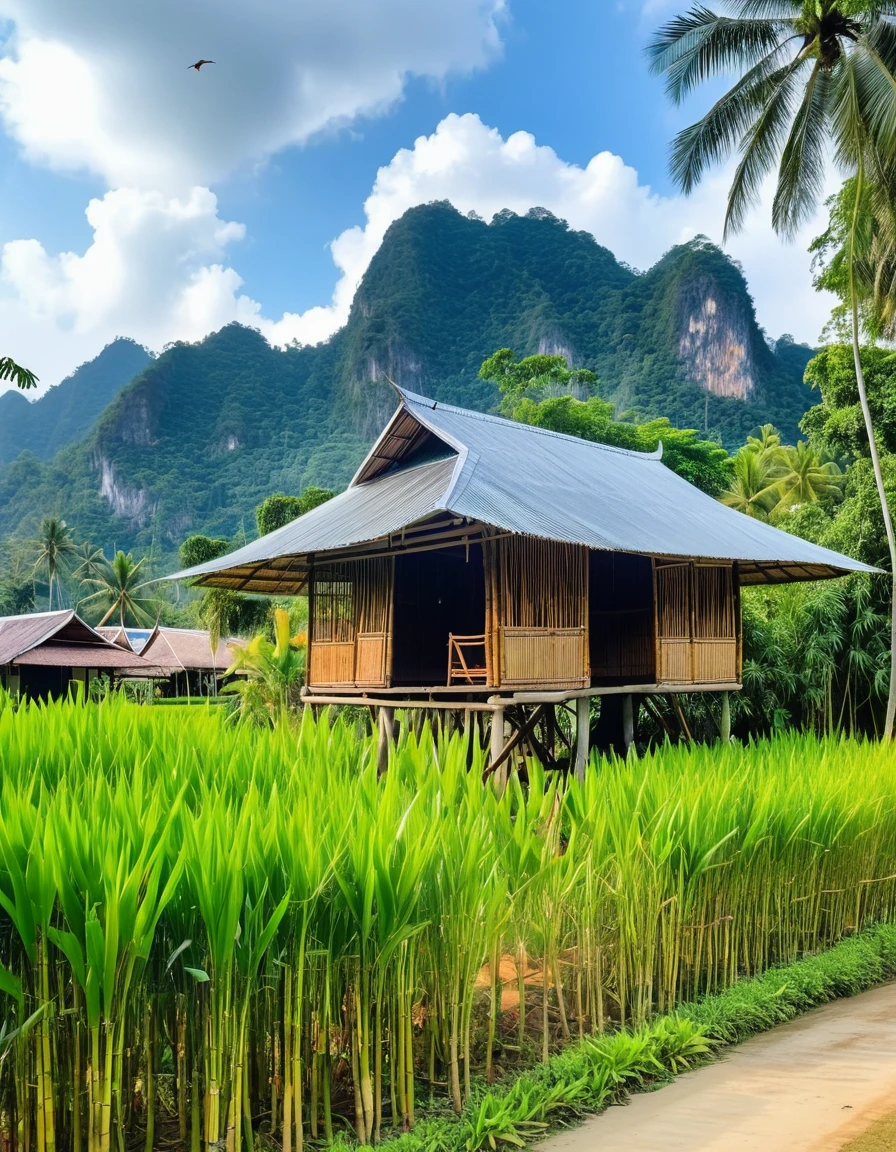 An old bamboo hut with a zinc roof. In Thailand there are mountains behind. Next to the house there are coconut trees. There are rice fields around the house. There are 2 birds flying. The real picture is very clear with a camera that is clear at the 8 K level.