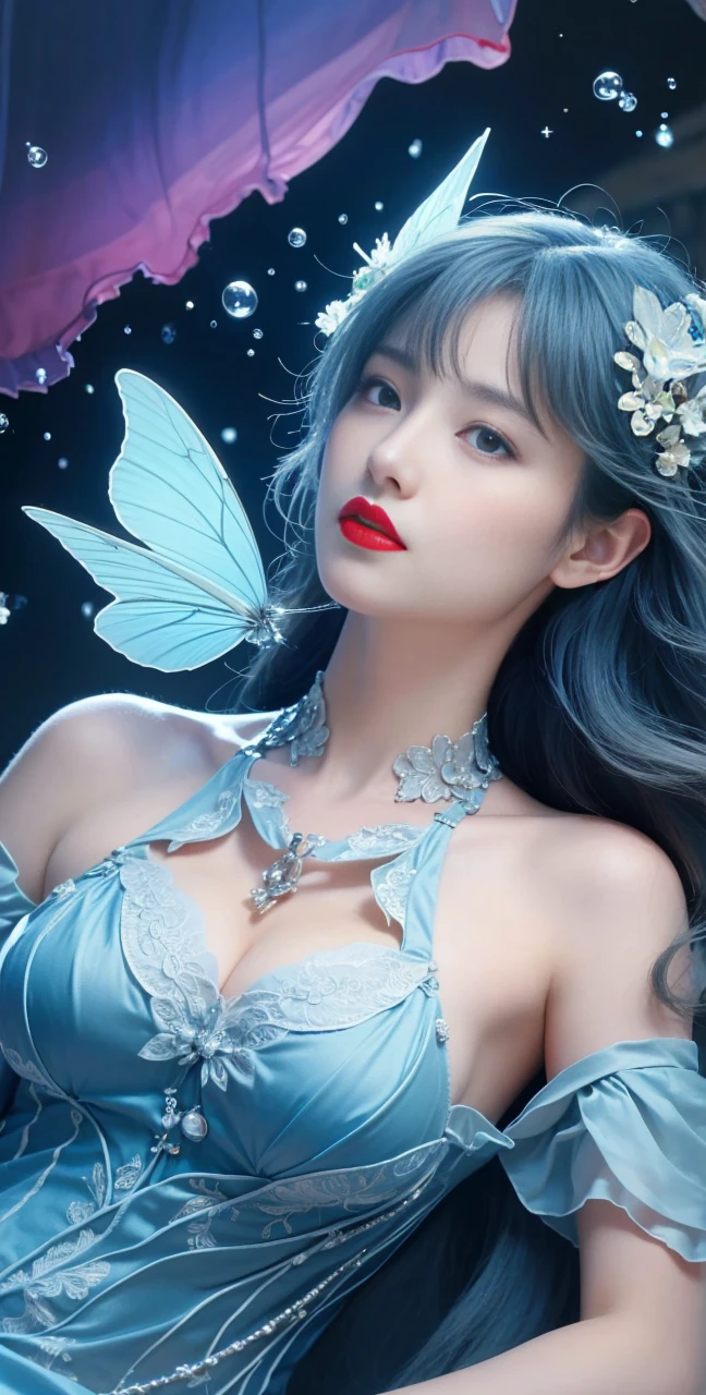 best quality, tmasterpiece,Ultra-high resolution,Clear face,（Reality：1.4），ferpect lighting，(upper body shot), (photorealistic:1.50), anime wallpaper, Guviz style artwork, cover-up fantasy up to magic , by Yang J, Guviz, beautiful artwork illustration, beautiful digital artwork, beautiful digital illustration, Li Song, beautiful anime portrait, art style in Beauvot, Lips wear thick red lipstick