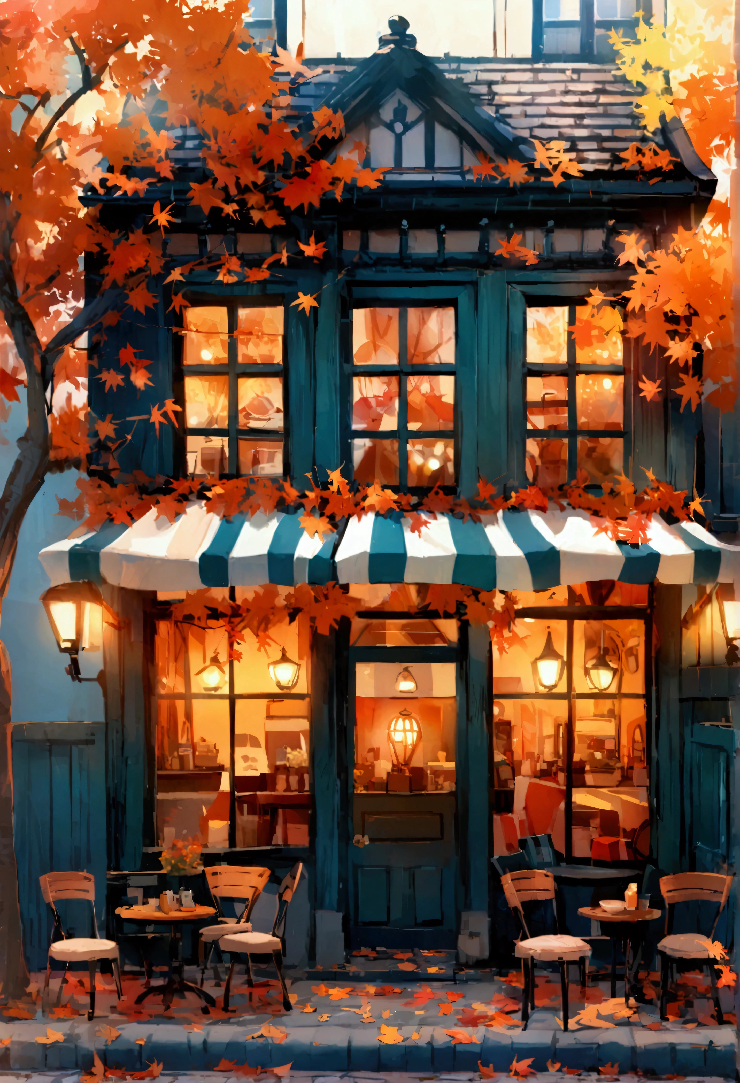 The image depicts a charming, cozy café on a quiet street corner during autumn. The central focus is on the warmly lit café with its inviting orange and red hues. The café has a striped awning, and its windows glow warmly, reflecting the light from inside. Outside the café, there are a few wooden chairs and tables, some of which are empty, while others have fallen autumn leaves scattered on them.