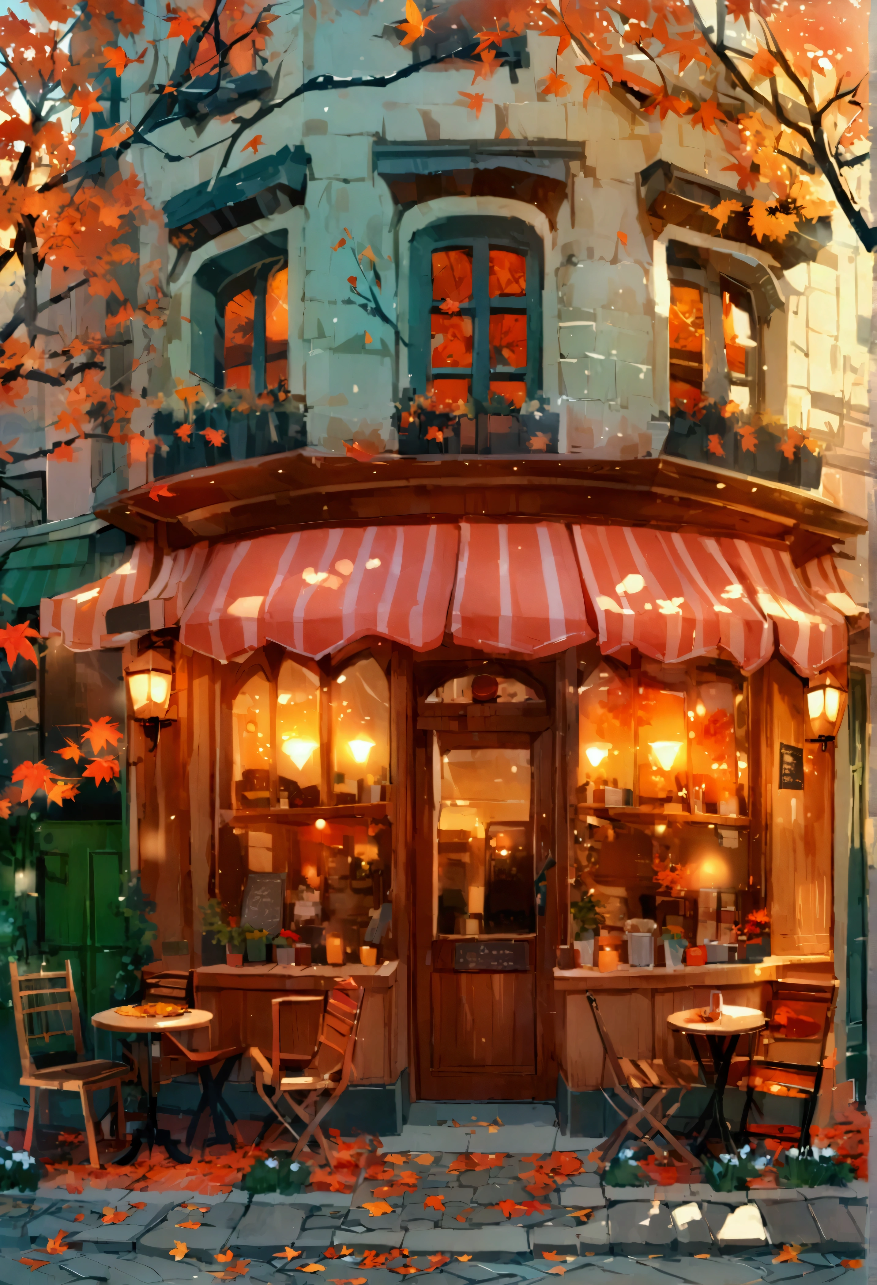 The image depicts a charming, cozy café on a quiet street corner during autumn. The central focus is on the warmly lit café with its inviting orange and red hues. The café has a striped awning, and its windows glow warmly, reflecting the light from inside. Outside the café, there are a few wooden chairs and tables, some of which are empty, while others have fallen autumn leaves scattered on them.