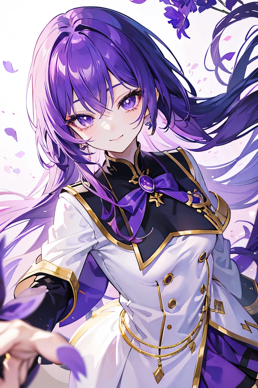 Purple Iris with fade gold hair. Anime girl. Asian girl. Ulzzang. Violet eyes. Smiling. Uniform.