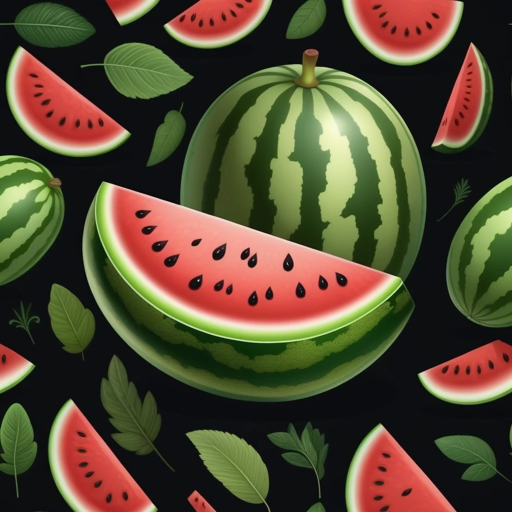 realistic whole watermelon, Black background, cartoon style