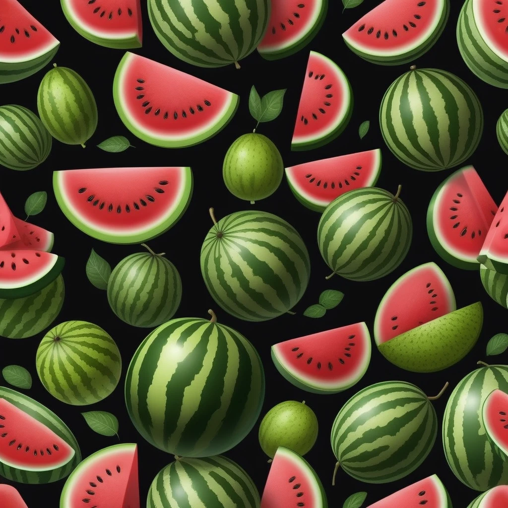 realistic whole watermelon, Black background, cartoon style