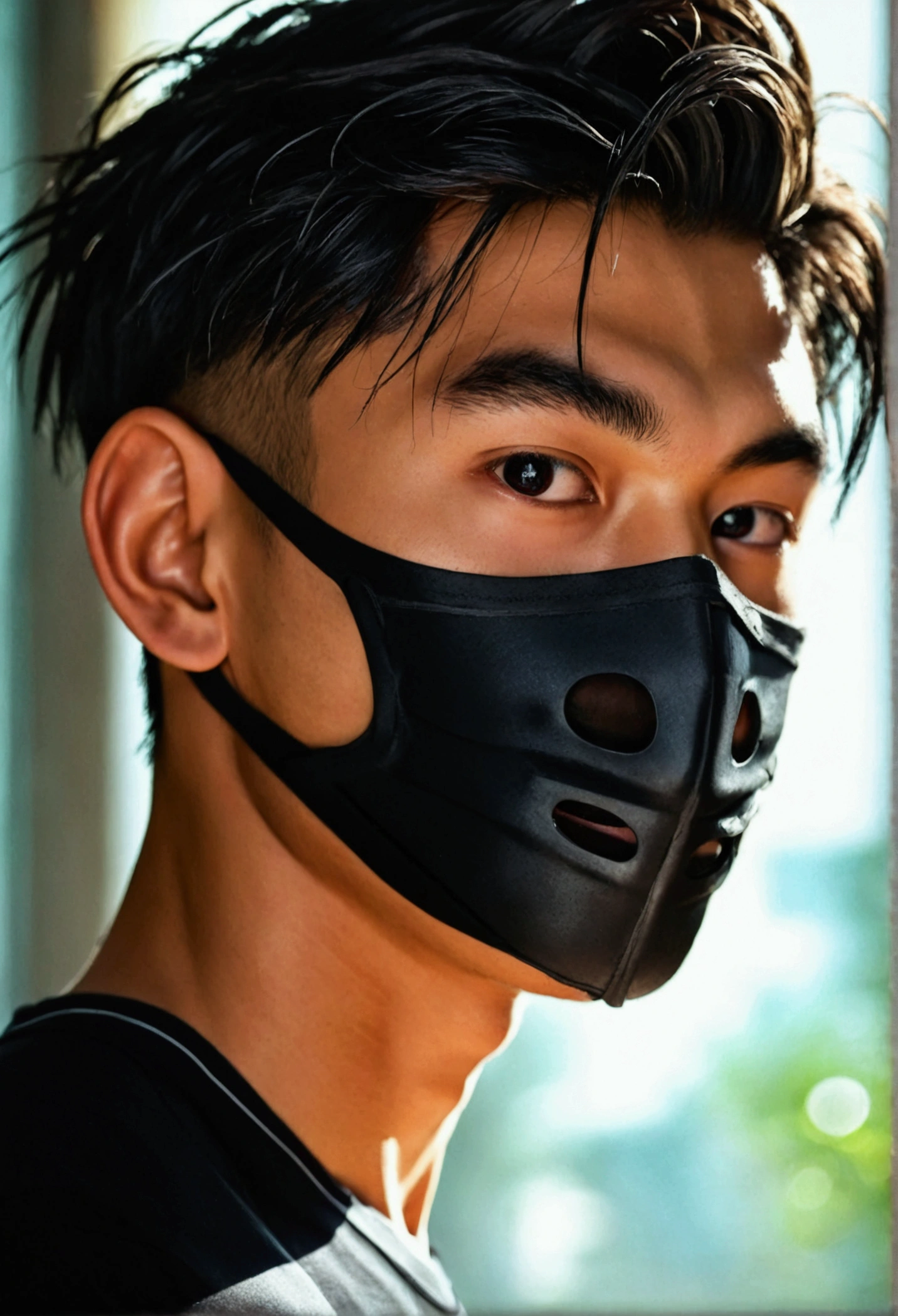 Young man with a Thai-Asian face,small eyes,Sharp eyebrows ,8K images,realistically,Wear a tight sports t-shirt.,Have muscles,Wear a black mask to cover your face.,Secondary hair style