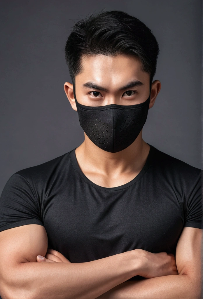 Young man with a Thai-Asian face,small eyes,Sharp eyebrows ,8K images,realistically,Wear a tight sports t-shirt.,Have muscles,Wear a black mask to cover your face.,Secondary hair style