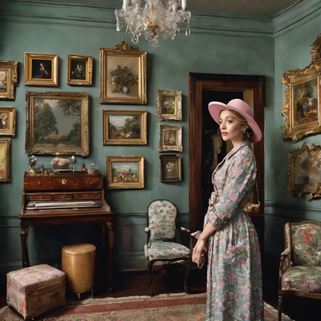 In the image, a woman is seen standing in a room wearing a hat and a floral dress. The room is decorated with various items, including a desk with a variety of objects on it, such as a lamp and a mirror. The walls are adorned with multiple picture frames displaying different artworks. The woman appears to be in her mid-twenties and is the focal point of the image. She exudes a sense of elegance and style with her outfit and posture. The overall atmosphere of the room is cozy and inviting, making it a pleasant setting for the woman''s presence.