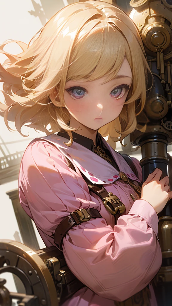 Highest quality、 masterpiece、Upper body close-up、 woman、Windblown Blonde、Shining Eyes、steampunk、collective phobia、Light clothing、Pink clothes