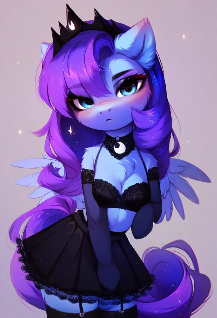 check_9, check_8_up, check_7_up, source_fluffy, rating_safe, from Magnaluna, Luna poses seductively in a gothic bedroom, antro, blushing, blue body, purple mane, black lingerie skirt 