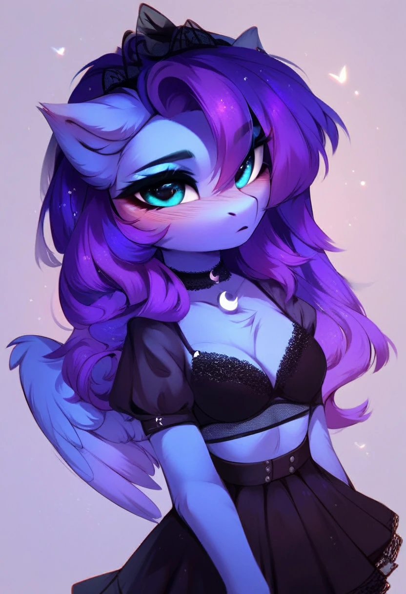 check_9, check_8_up, check_7_up, source_fluffy, rating_safe, from Magnaluna, Luna poses seductively in a gothic bedroom, antro, blushing, blue body, purple mane, black lingerie skirt 