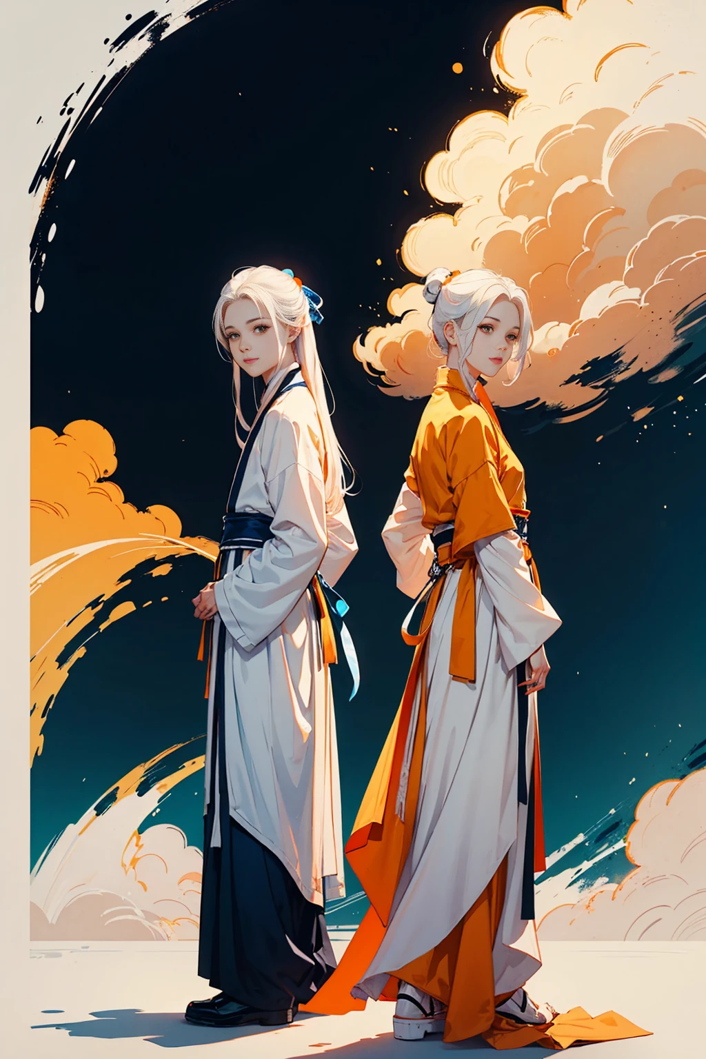 high quality , one white hair girl and one white hair boy, long hair, wuxia character, ((white clothes with blue and orange accent)), ink painting background, flat background, minimalist background, wind pattern background, smiling, standing back to back, white background, cinematic lingting