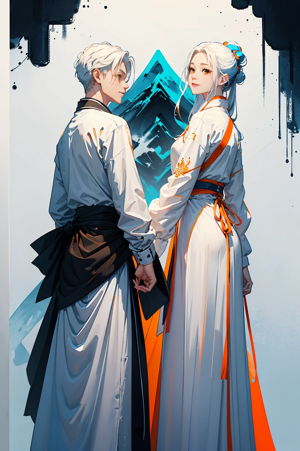 high quality , one white hair girl and one white hair boy, long hair, wuxia character, ((white clothes with blue and orange accent)), ink painting background, flat background, minimalist background, wind pattern background, smiling, standing back to back, white background, cinematic lingting