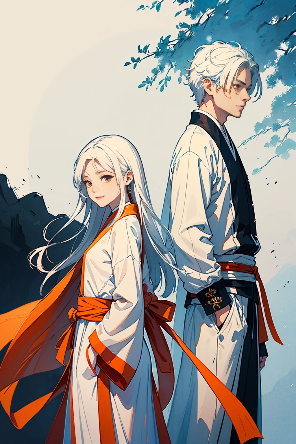 high quality , one white hair girl and one white hair boy, long hair, wuxia character, ((white clothes with blue and orange accent)), ink painting background, flat background, minimalist background, wind pattern background, smiling, standing back to back, white background, cinematic lingting