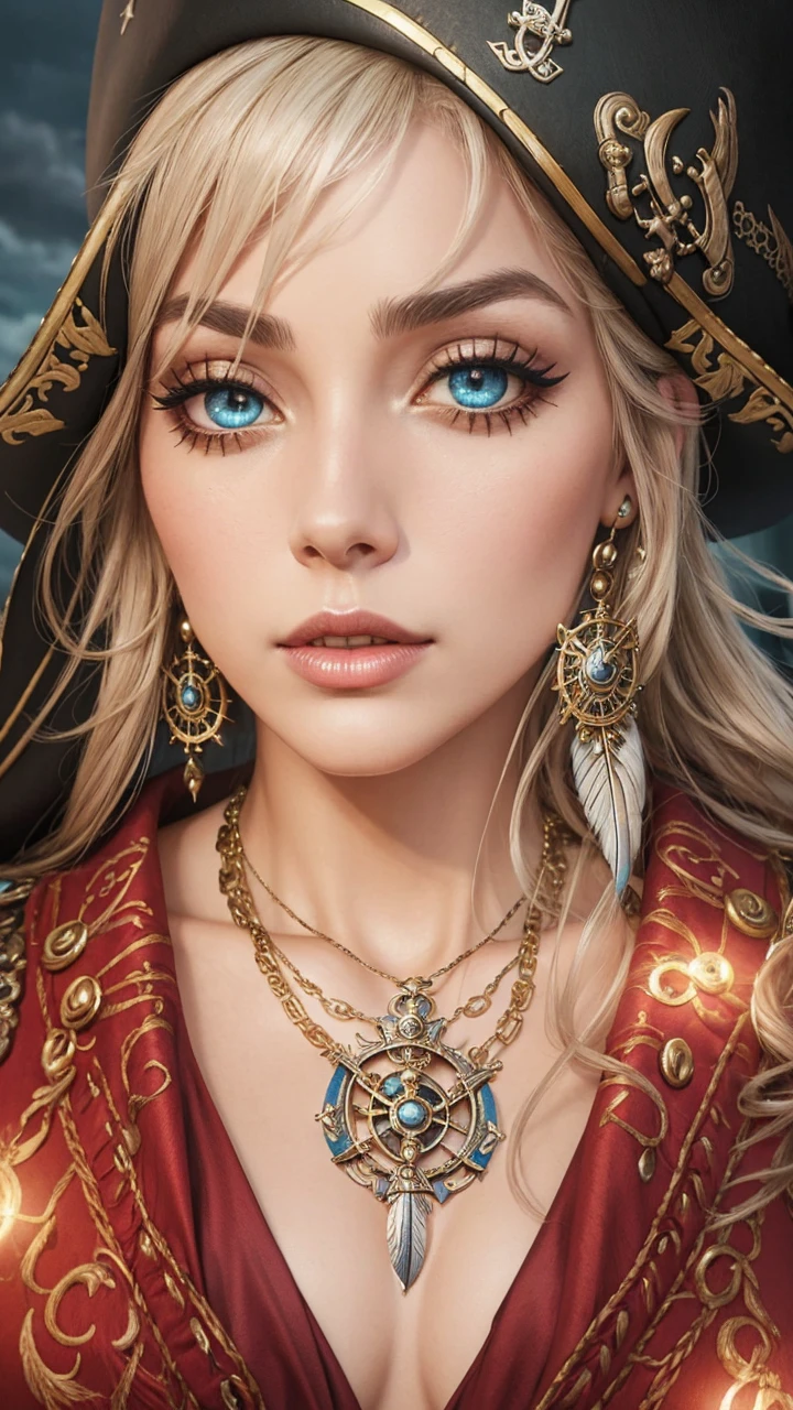 beautiful female pirate with hat, pirate captain, detailed face, beautiful eyes, full lips, long eyelashes, ornate pirate hat, feather in hat, intricate pirate outfit, embroidered coat, shiny jewelry, holding sword, stormy sea background, dramatic lighting, cinematic, vibrant colors, highly detailed, photorealistic