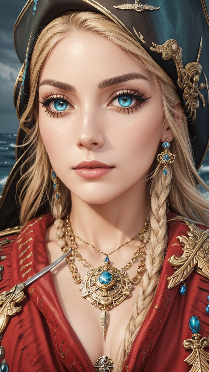 beautiful female pirate with hat, pirate captain, detailed face, beautiful eyes, full lips, long eyelashes, ornate pirate hat, feather in hat, intricate pirate outfit, embroidered coat, shiny jewelry, holding sword, stormy sea background, dramatic lighting, cinematic, vibrant colors, highly detailed, photorealistic
