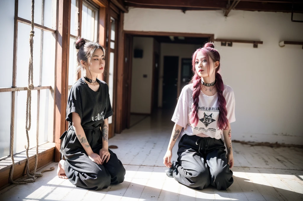 (8k:1.27), best quality, masterpiece, ultra highres:1.2), lesbian delinquent girl with dyed long hair and arm tattoos, tattooed girl, full body picture, dirty old white oversized knotted prisoner t-shirt, dirty big t-shirt with prisoner number written in t-shirt, short big sleeves, beige prisoner pants tied with a rope, wearing dirty old goth clothes, long pink hair pulled back, big pink messy bun, kneeling in a prison cell next to a noose, handcuffed, hands tied with rope behind body, submissive neck choker and checkered keffiyeh scarf in neck, 4k or 8k picture, looking at the floor down very sad, very sad face, praying, paisley bandana pirate style headscarf, smelly, barefoot, rope noose hanging from ceiling, tattooed body, noose rope hanging