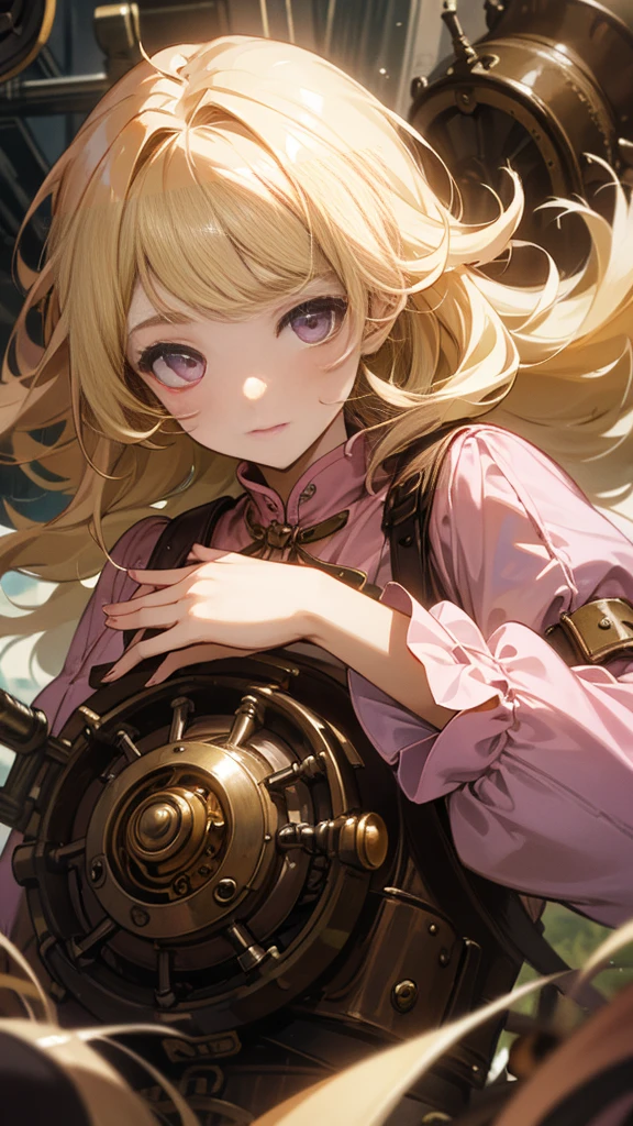 Highest quality、 masterpiece、Upper body close-up、 woman、Windblown Blonde、Shining Eyes、steampunk、collective phobia、Light clothing、Pink clothes