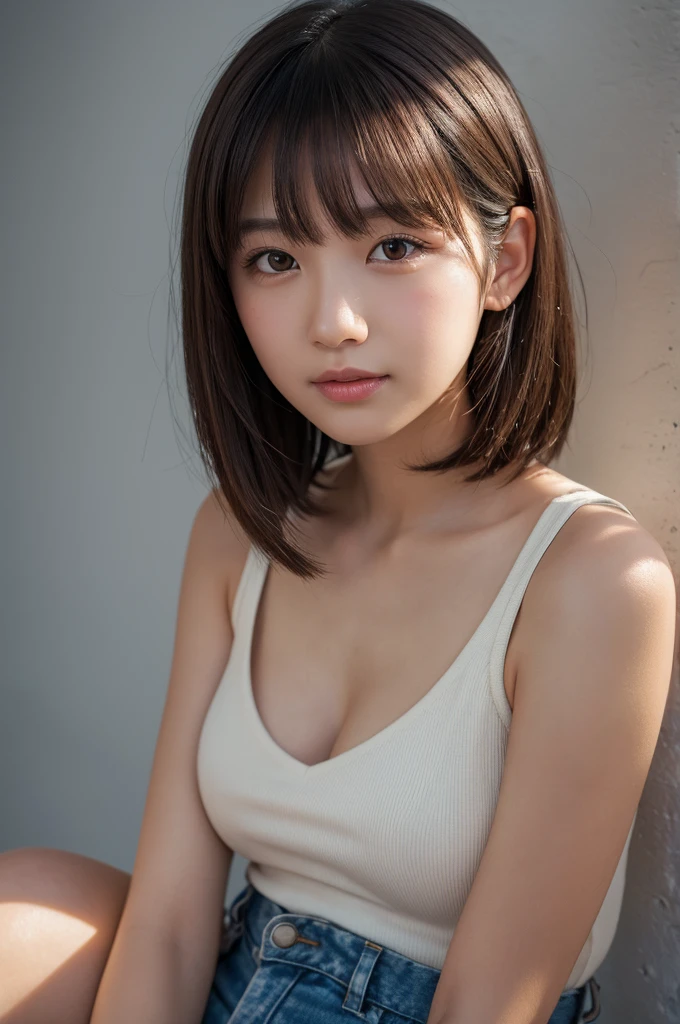 A hyper-realistic portrait of a young Japanese girl with short, straight brown hair and delicate bangs framing her face. She is wearing a form-fitting white sleeveless top that highlights her slender figure and blue jeans. Her expression is gentle and inviting, with a slight, confident smile on her lips. The lighting is soft and natural, coming from the right side, creating subtle shadows on her face and body. Her skin is smooth and fair, with a natural glow. The background is a dark, plain backdrop that contrasts with the light illuminating her, making her the focal point of the image. The style is hyper-realistic with meticulous attention to detail in textures and lighting, capturing the nuances of her facial features and the fabric of her clothing.