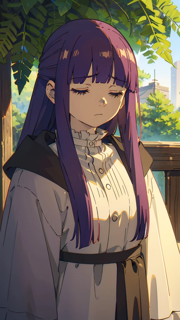 1girl,fern,fern_clothes,glare,upper_body,(looking at viewer:1.1),half-closed eyes,shaded face,angry,closed_mouth,outdoors,despise,