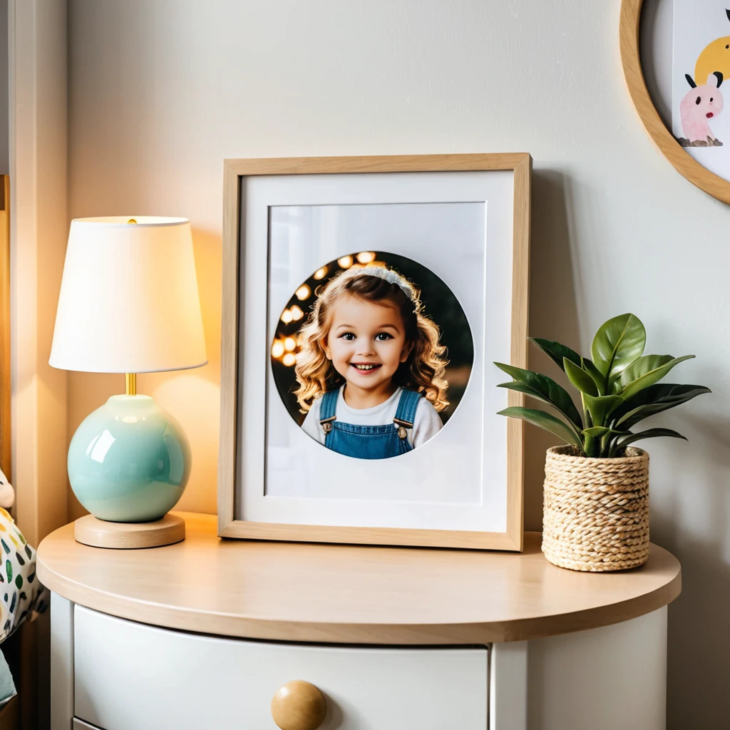 a photo inside of childrens room, a picture in a round frame on a nightstand, 120mm lens
