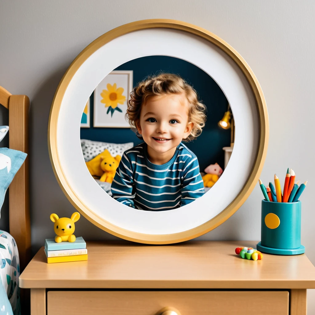 a photo of a picture in a round frame on a nightstand, in a childs room