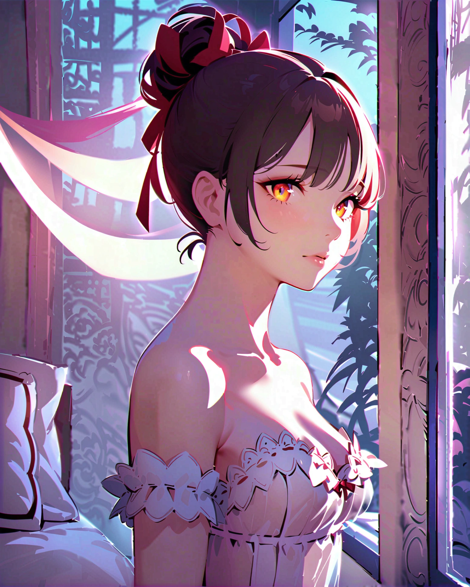 Alexandra Smelova, She's standing face to face in her room at night,She wears a very sexy transparent tulle nightgown She has her hair tied up with a red ribbon She has medium round and perky breasts underneath her white tulle shirt.Slim waist, beautiful legs, beautiful eyes, perfect skin Short layered nightgown in transparent tulle fabric, 1 solo, Style: portrait, blurred background f1.2, full HD resolution, 8k, Dark vignette at the edges, cinematic effect with soft shadows and light and shadow curve at -10, best quality, professional realistic, detailed eye, double eyelid, brighten skin, real hair, realistic skin texture, Masterpiece texture, realistic clothing texture, perfect face and body.