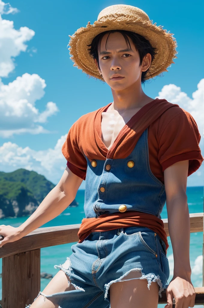 foto de corpo inteiro ( estilo lutador ), Luffy tem cabelos pretos desgrenhados, round black eyes and a thin muscle build. He is renowned for his trademark straw hat, which was lent to him when he was young by the legendary pirate captain, "ruivo" Shanks,[35] que por sua vez o recebeu do Gol D. Roger. [43] Luffy usa um vermelho aberto, Long-sleeved cardigan with four buttons, com uma faixa amarela amarrada na cintura (lembrando um pouco a roupa do Gol D. Roger). Luffy also has a scar under his left eye), which he earned as a child by stabbing his face to show Shanks that he was tough enough to be a pirate. [44] Ele foi gravemente ferido por Akainu na Guerra do Cume de Marineford,[45] deixando uma grande cicatriz em seu peito. [46] (fundo praia palmeiras, dia ensolarado ), realista, detalhado, Child boy, jovem, cabelo preto liso curto, olhos pretos, olhar arrogante, olhos realistas, rosto detalhado, detailed hands, Suado, pernas detalhadas, dedos detalhados, cabelo detalhado, olhos detalhados, pele detalhada, dynamic lighting, (fotorrealista: 1.4), 8k UHD, (Hiper realista), (fotorrealista), (obra-prima), (melhor qualidade),  (( fundo praia )), corpo perfeito, non-thoracic scarring, usando jaqueta vermelha, blue shorts and hat. sem pelos pubianos, raiva, ((( cicatriz abaixo do olho esquerdo que ele mesmo fez cortando com uma faca )))