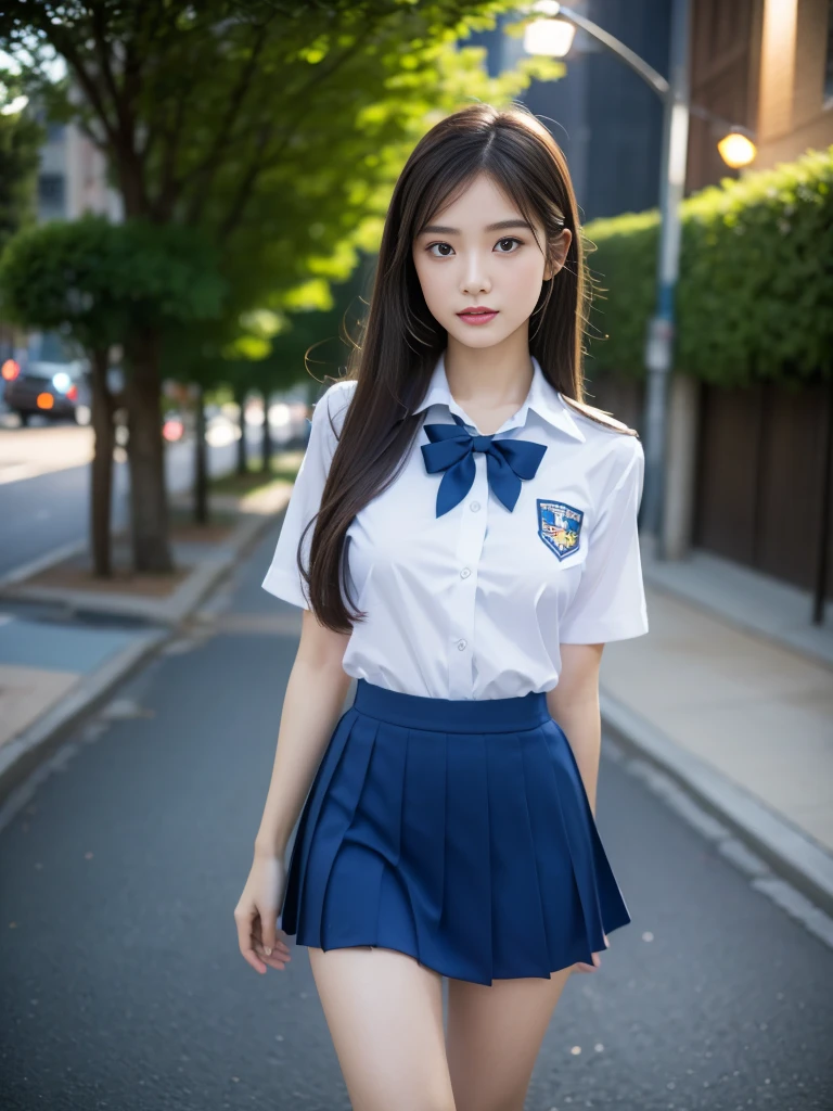 ((super high quality、High resolution、masterpiece、 Anatomically correct、Super detailed photos、Ultra-realistic photos、 Highest quality))、(2girs)、looking at viewer、Night cityscape、Uninhabited downtown、Walk over here、(cowboy shot)、(school uniform:1.2)、white formal shirt、((from front))、(huge breast)、Small waist、Detailed face、Perfect figure、Brown Hair、Medium Hair