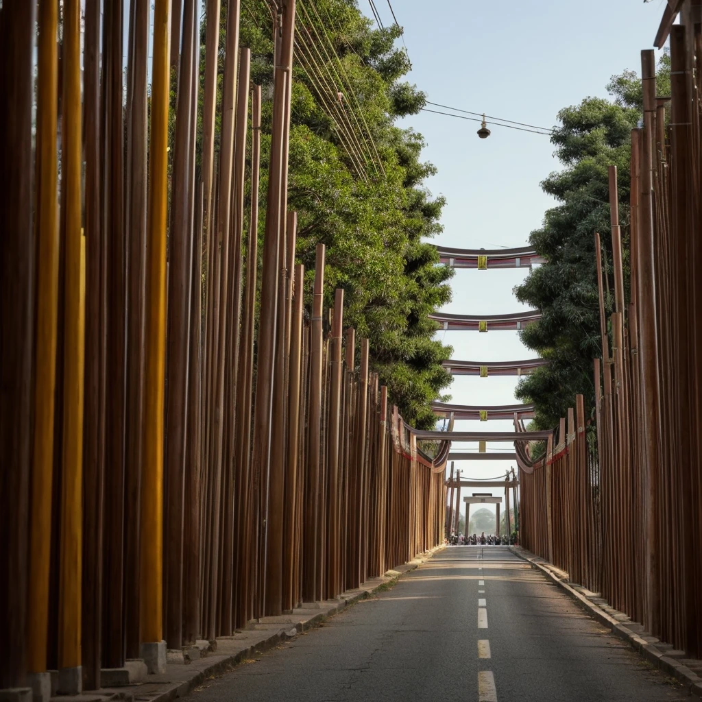 REALISTIC,Unlimited exposures,(The sacred Torii is erected on the street),Shrink the image by 10 for each exposure%,Extending infinitely into the distance,strange picture