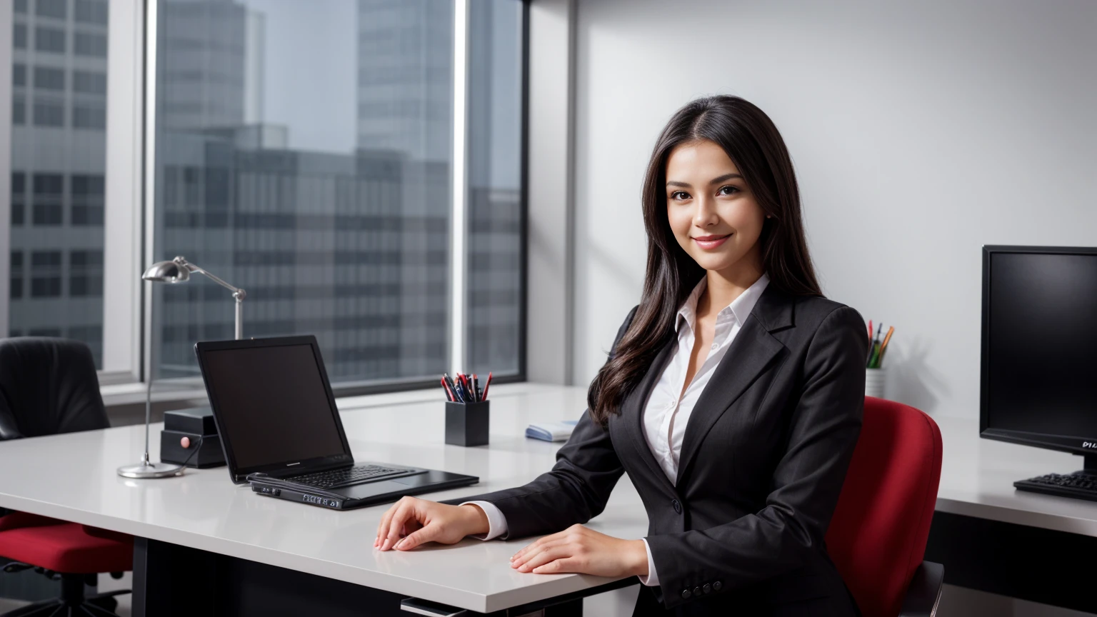 a beautiful girl in a professional office setting, black hair, looking at viewer, elegant red business attire, (red business dress), gentle expression, full smile, professional and efficient, office supplies, warm lighting, photorealistic, highly detailed, cinematic composition, dramatic lighting, color grading, Rembrandt lighting