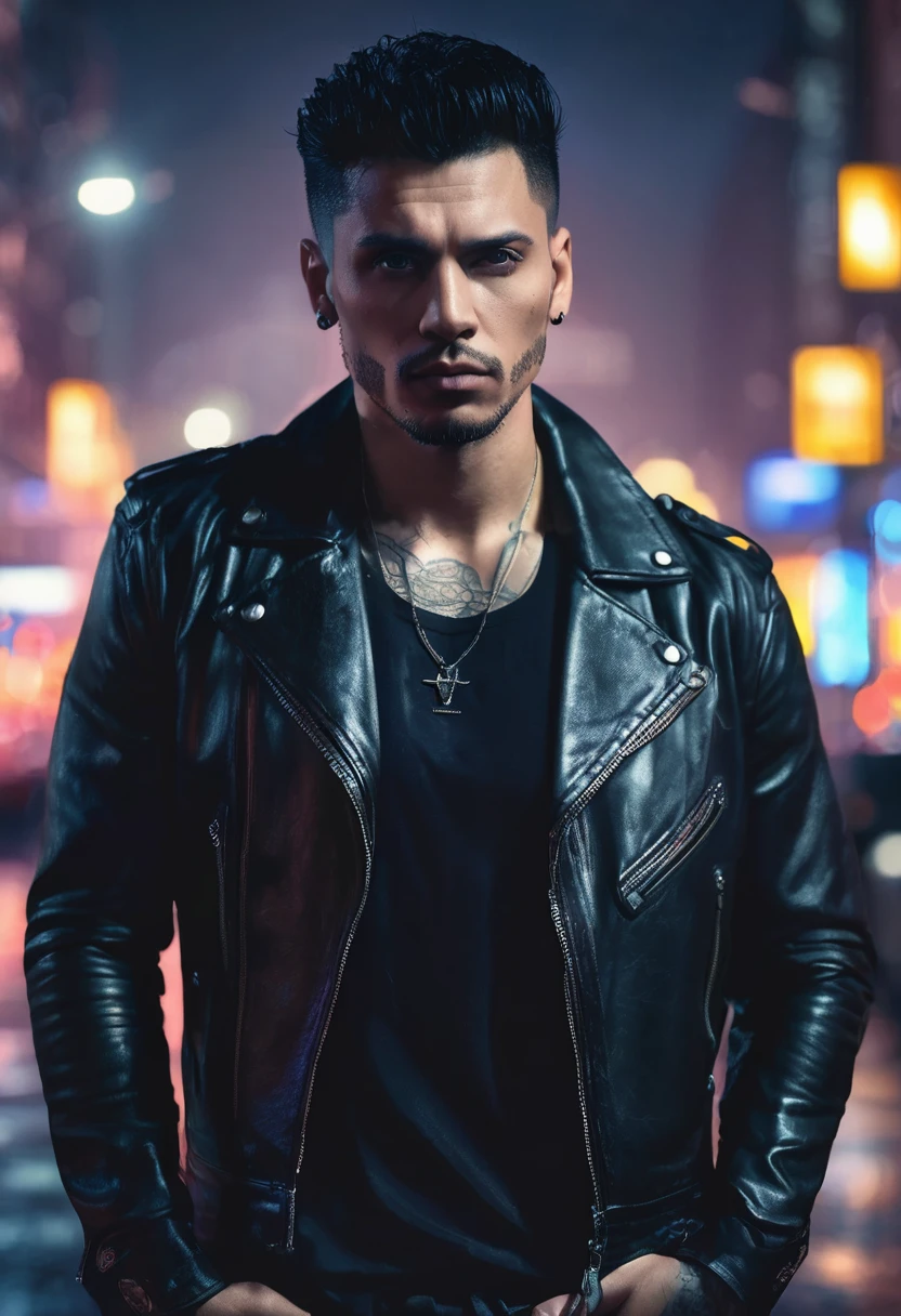 1 man, inside the city at night with lights, wearing a black shirt with a leather jacket, detailed facial features, beautiful black and masculine eyes, detailed light skin, medium black hair, strong expression, tattoos on the body, dramatic lighting, cinematic composition, cold color palette, atmospheric fog, thin chin, handsome face, handsome man with delicate face (best quality, 4K, 8K, high resolution, art: 1.2), ultra-detailed, (realistic, photorealistic, photorealistic: 1.37)