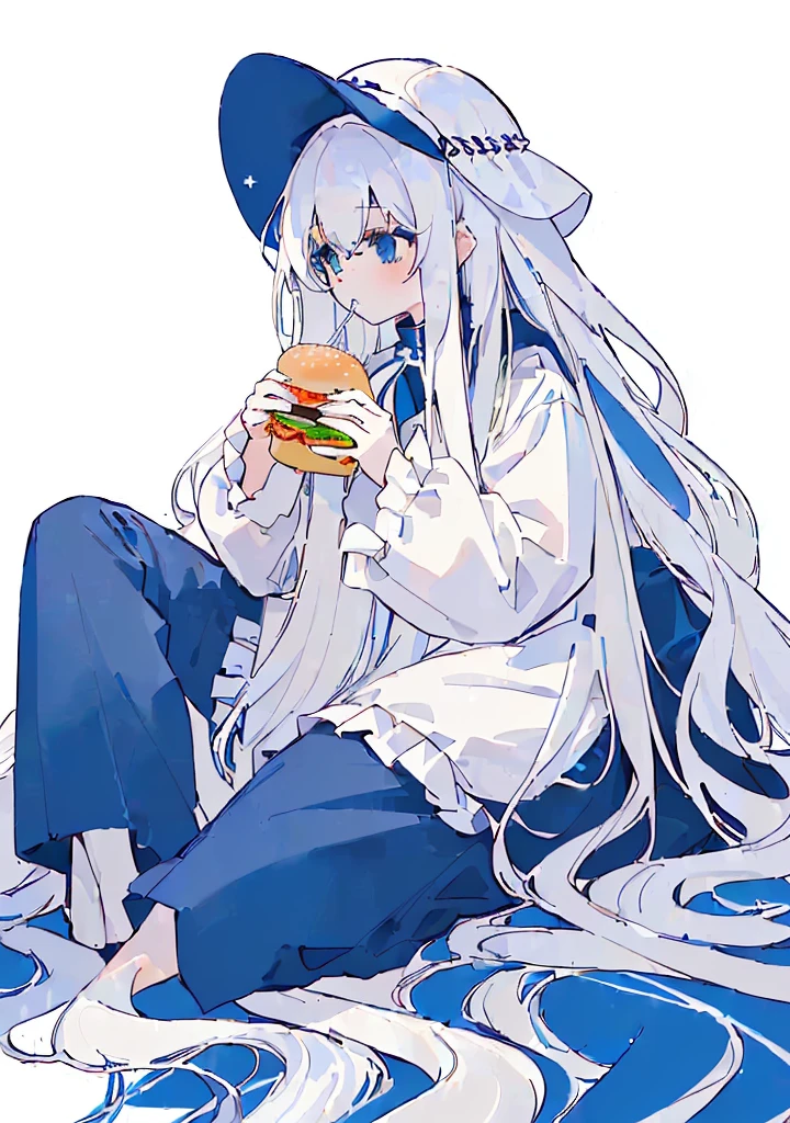 (Very white and long hair with a bluish tint, weak perm:1.5), anime girl sitting on the ground eating a hamBurger and soda, eating Burgers, eating a Burger, eating a hamBurger, I&#39;ll make fan art too, devours a hamBurger, female protagonist 👀 :8, Tsk tsk, serving Burgers, OC commission, good ), She has a jiggly, fat, round belly, Burger, akane owari danganronpa, eating a cheeseBurger,(big bust:1.5), (Black eyes with a slight purple tint:1.5), , (white sleeves wrapped around arms, oversized white shirt, oversized white shirt:1.5), (bare foot, round-rimmed glasses:1.5), (Belly Fat, muffin top, chubby:1.5), (smiling faintly:1.5),