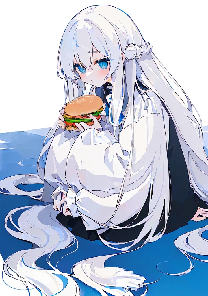 (Very white and long hair with a bluish tint, weak perm:1.5), anime girl sitting on the ground eating a hamBurger and soda, eating Burgers, eating a Burger, eating a hamBurger, I'll make fan art too, devours a hamBurger, female protagonist ๐ :8, Tsk tsk, serving Burgers, OC commission, good ), She has a jiggly, fat, round belly, Burger, akane owari danganronpa, eating a cheeseBurger,(big bust:1.5), (Black eyes with a slight purple tint:1.5), , (white sleeves wrapped around arms, oversized white shirt, oversized white shirt:1.5), (bare foot, round-rimmed glasses:1.5), (Belly Fat, muffin top, chubby:1.5), (smiling faintly:1.5),