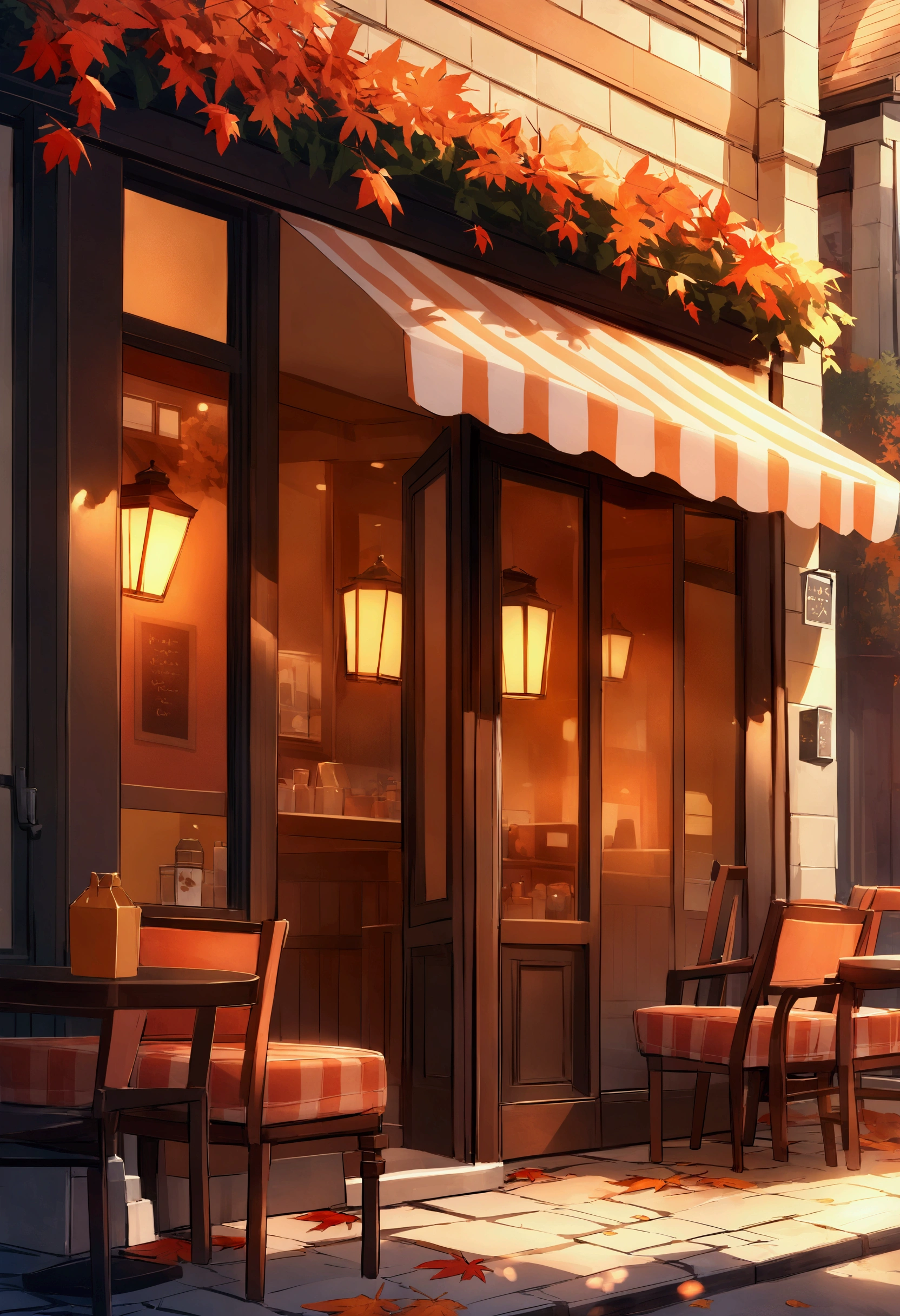 The image depicts a charming, cozy café on a quiet street corner during autumn. The central focus is on the warmly lit café with its inviting orange and red hues. The café has a striped awning, and its windows glow warmly, reflecting the light from inside. Outside the café, there are a few wooden chairs and tables, some of which are empty, while others have fallen autumn leaves scattered on them.
