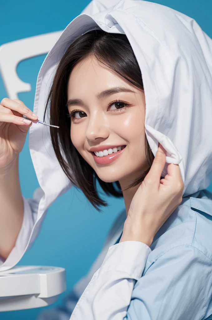 2d, female dentist, unicolour background, wearing dr coat, toothbrush and teeth model in hand, looks friendly, no glasses, simple painting cute cartoon style, head ratio close to real human. Meant to be posted on official dental office website, should look professional but good design