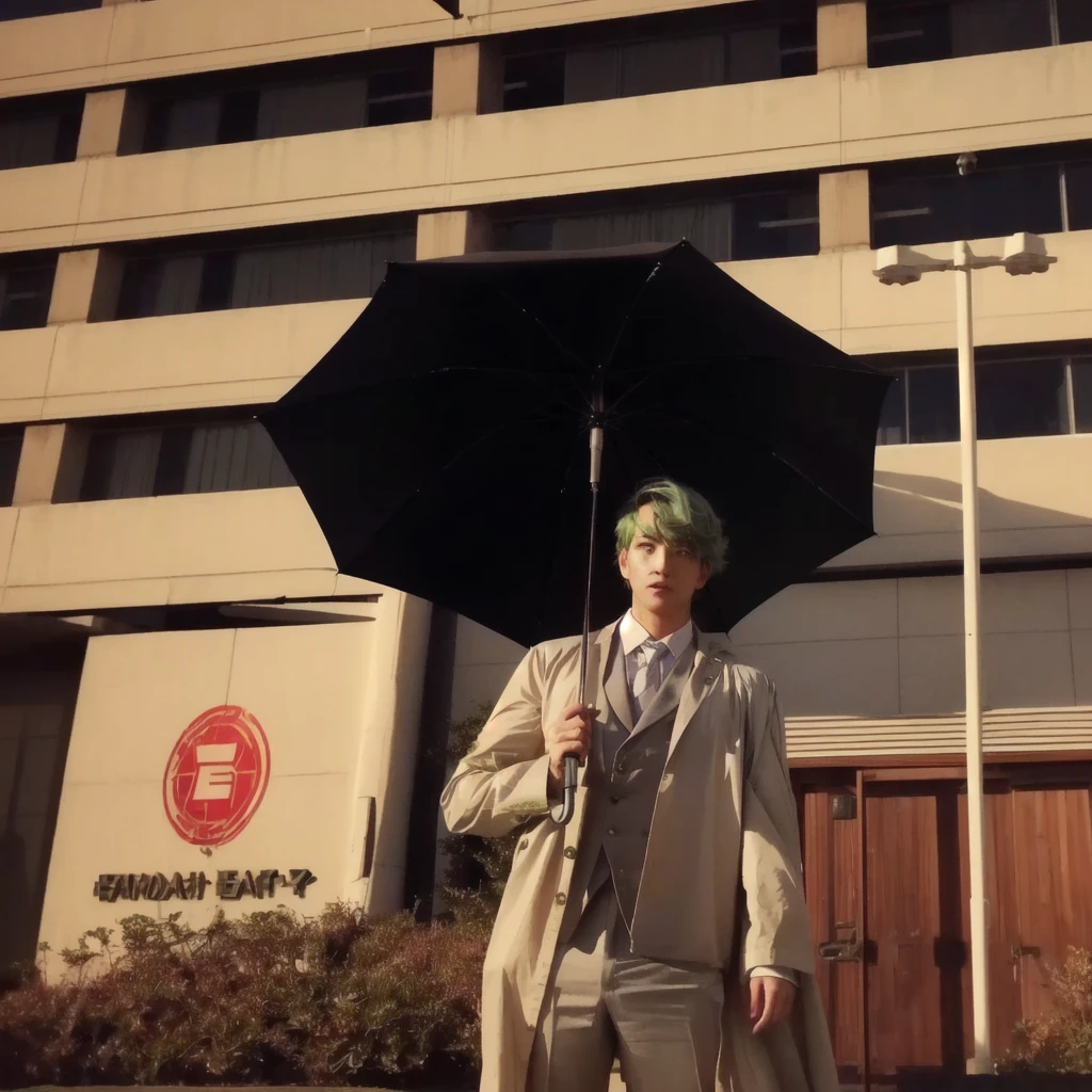 realistic, there is a man with green hair and a suit holding an umbrella, tokusatsu suit vaporwave, standing with a parasol, an elf in a suit, ferred - themed robes and hat, highly aesthetic, realistic shot, trench coat and suit, realistic