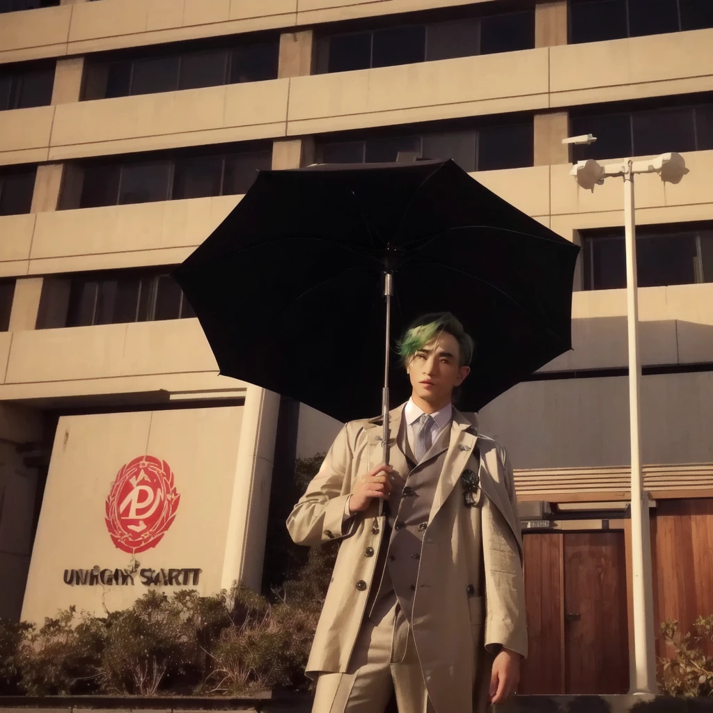 realistic, there is a man with green hair and a suit holding an umbrella, tokusatsu suit vaporwave, standing with a parasol, an elf in a suit, ferred - themed robes and hat, highly aesthetic, realistic shot, trench coat and suit, realistic