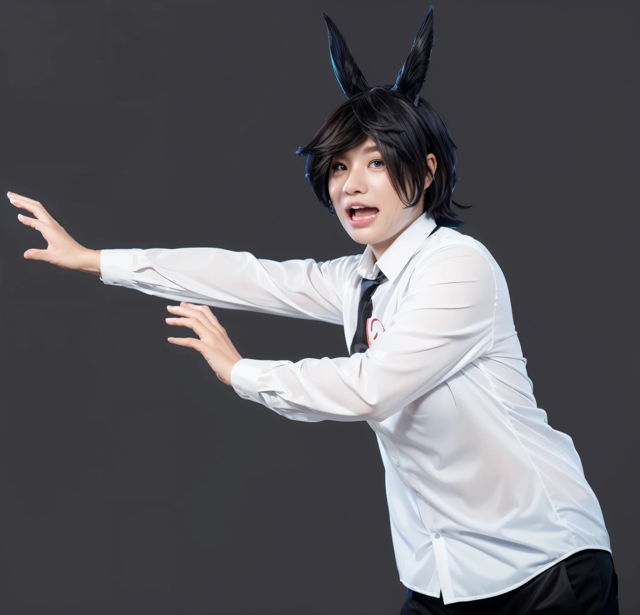 The image shows a person in a white shirt and black shorts, with black hair and a black bow tie, reaching out to a gray background with both hands.3d style, simplified design, 3d render, glossy texture, smooth 3d model, multiple light sources, rim light, sharp post effects render, (glossy plastic texture with multiple big light probe refractions), perfect cgi, smooth silhouette, high intensity refraction, (super glossy material), most beautiful vfx , blue background, plastic refractions, realistic, 4k, high resolution, rim light, photo shoot, commercial photo, profile shot, 4k, rim light, high resolution, 4k, glossy texture, smooth 3d model, multiple light sources, rim light, sharp post effects render, (glossy metallic texture with multiple big light probe refractions), perfect cgi, cgi art created only with gradients, smooth silhouette, high intensity refraction, (super glossy chrome material), most beautiful vfx, blue background, chrome metal refractions, multiple light sources, rim light, sharp post effects render, perfect cgi, digital art, detailed digital art, reflective, best quality, 4k, masterpiece:1.2, ultra-detailed, realistic, vivid colors, dark and moody lighting, The image of the highest quality, ensuring every detail is showcased perfectly. It in 4k resolution, allowing viewers to immerse themselves in the richness of the colors and intricate details. The realistic rendering. under the spotlight, reflecting, high-resolution image, realistic rendering, dark background, and rim light photorealistic The image features three characters standing in front of three houses. The characters are a red-haired mermaid, a purple cat, and an orange dog. They are each holding a yellow maraca