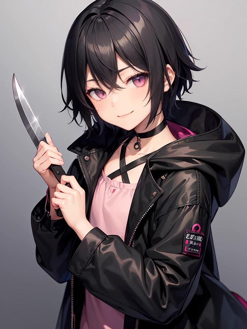 Short black hair、Pink eyes、Shota、male:1.5、solo、jet black duffle coat、Black clothing、Wicked Smile、Black trousers、knife