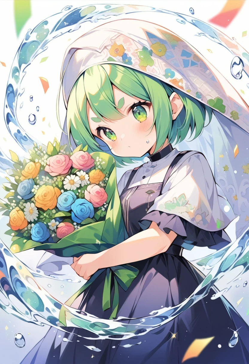 (loli:1.4),(little female child:1.4), cute face, 6 years old,kawaii, (highlight on eyes:1.1), small breast, (jiggly:0.8), shiny skin,(mini girl:1.5),
BREAK 
(green maro eyebrows:1.2), :<, (jitome:1.1),pouty and slightly grumpy,(medium green hair:1.3),pout,disgusted eyes, green eyes, puffy eyes,
BREAK
breathtalking Scenery, breathtalking Beauty, breathtalking Cute,scenery, (best quality, masterpiece:1.2), (ultra high quality:1.2),smooth soft skin, natural skin,watercolor,
BREAK
marbled patterns nun dress, (marbling botanical pattern veil),angel wings,angel halo,choker,nun,excessive detailed collarbone,
BREAK 
(marbling:1.5), marbled patterns,(swirling colors:1.2), abstract art, ink on water, floating water drops,water effect, ink,  zentangle,fractal,entangle,swirl,floral pattern,
BREAK
flower bouquet, (digits behind bouquet:1.3), (hands behind bouquet:1.3),
(holding bouquet:1.1), celebration, Congratulations,confetti, bloom effect,dynamicangle,pastelcolor,upturned eyes,
