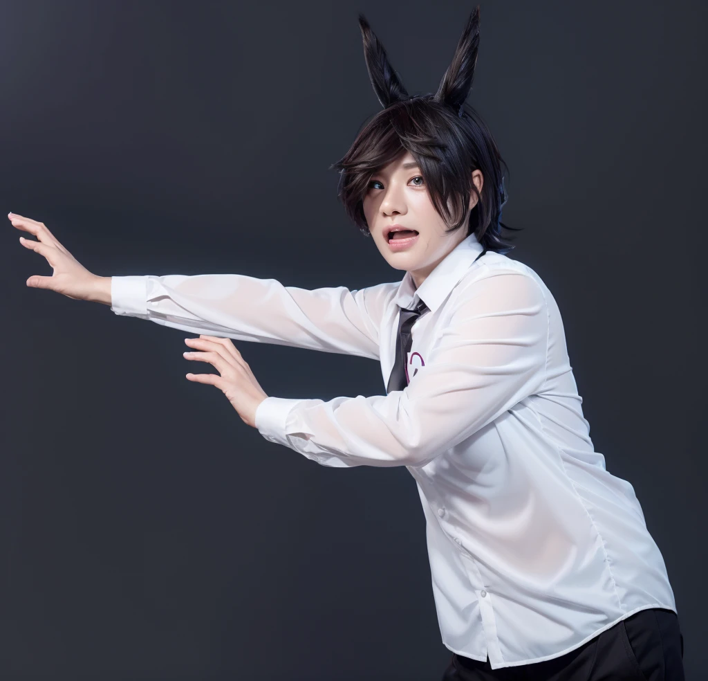 The image shows a person in a white shirt and black shorts, with black hair and a black bow tie, reaching out to a gray background with both hands.3d style, simplified design, 3d render, glossy texture, smooth 3d model, multiple light sources, rim light, sharp post effects render, (glossy plastic texture with multiple big light probe refractions), perfect cgi, smooth silhouette, high intensity refraction, (super glossy material), most beautiful vfx , blue background, plastic refractions, realistic, 4k, high resolution, rim light, photo shoot, commercial photo, profile shot, 4k, rim light, high resolution, 4k, glossy texture, smooth 3d model, multiple light sources, rim light, sharp post effects render, (glossy metallic texture with multiple big light probe refractions), perfect cgi, cgi art created only with gradients, smooth silhouette, high intensity refraction, (super glossy chrome material), most beautiful vfx, blue background, chrome metal refractions, multiple light sources, rim light, sharp post effects render, perfect cgi, digital art, detailed digital art, reflective, best quality, 4k, masterpiece:1.2, ultra-detailed, realistic, vivid colors, dark and moody lighting, The image of the highest quality, ensuring every detail is showcased perfectly. It in 4k resolution, allowing viewers to immerse themselves in the richness of the colors and intricate details. The realistic rendering. under the spotlight, reflecting, high-resolution image, realistic rendering, dark background, and rim light photorealistic The image features three characters standing in front of three houses. The characters are a red-haired mermaid, a purple cat, and an orange dog. They are each holding a yellow maraca