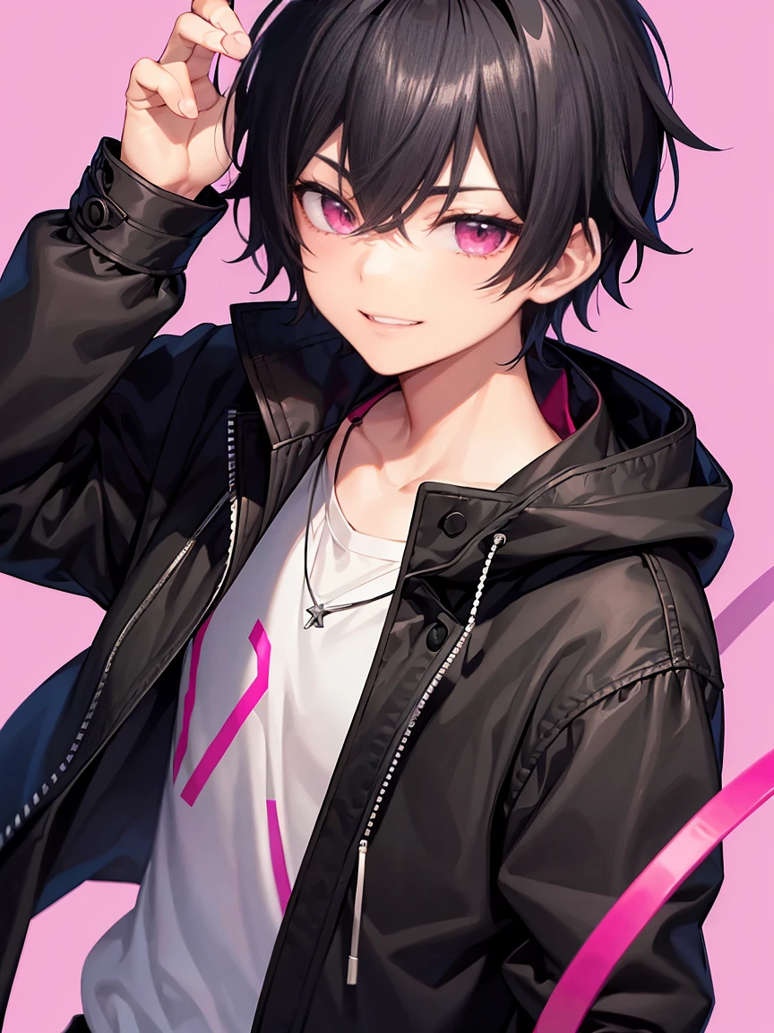 Short black hair、Pink eyes、Shota、male:1.5、solo、jet black duffle coat、Black clothing、Wicked Smile、Black trousers、gun