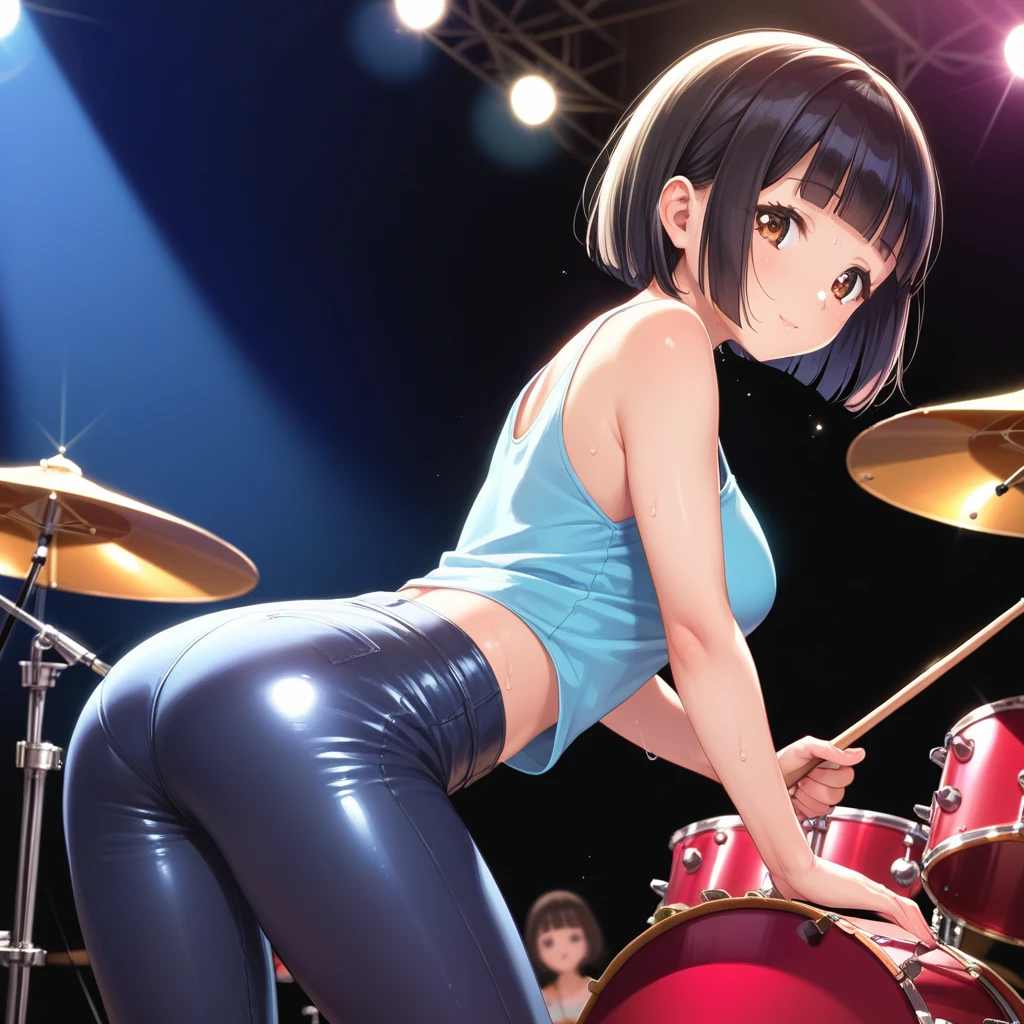 score_9,score_8_up,score_7_up,masterpiece,best quality, source anime, realistic, super detailed, extreme detailed, rating_safe,
1girl, (playing drums:1.3), from behind,
BREAK girl, 22yo, short hair, bob cut, (blunt bangs), black hair, (tareme, detailed cute brown eyes), curled eyelashes, (large breasts:0.9),
shiny hair, beautiful detailed eyes, beautiful face,
slender, small ass, slim legs,
tank top, tight leather pants, (sweat:1.3),
on stage, live stage, Flashy lighting, audience,