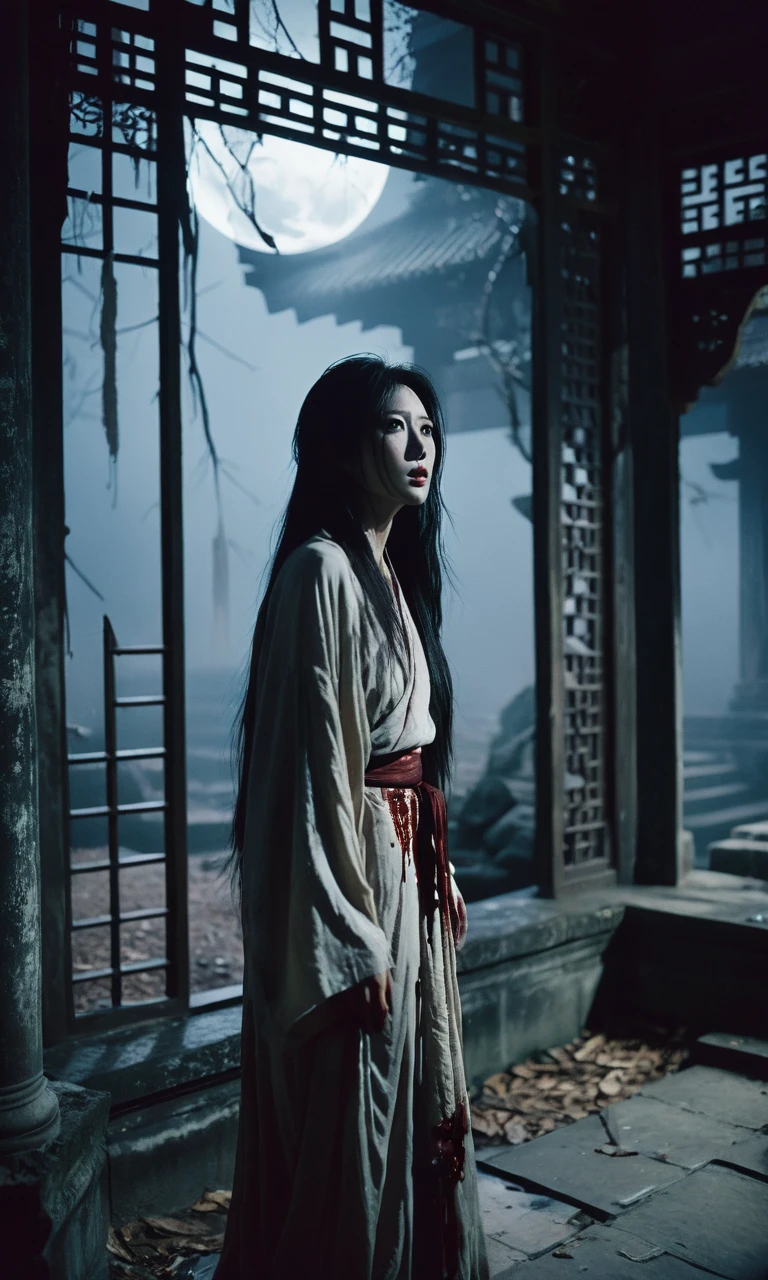 cinematic photo Ghostly figure, Asian horror, chilling gaze, contorted limbs, abandoned temple ruins, moonlit night, blood-dripping mouth, long disheveled hair, ancient curse, vengeful spirit, eerie silence, sudden cold drafts, whispering voices, decaying flesh, shadowy corners. Inspired by Japanese and Thai horror films,. 35mm photograph, film, bokeh, professional, 4k, highly detailed