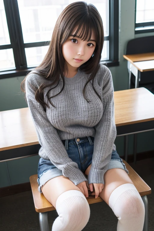 Wearing black knee-high socks、Highest quality、8K、Junior high school girl、Big Breasts、Denim shorts、Sit at a desk、Spread your legs、Grey knitted sweater、No sleeve