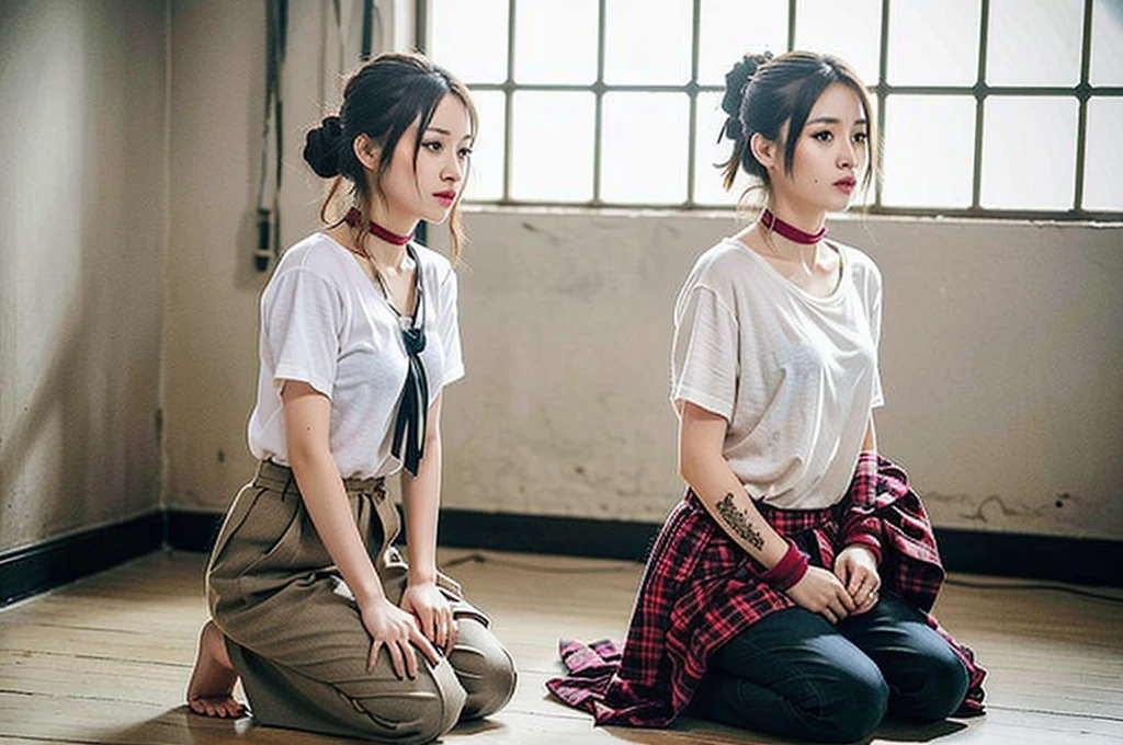 (8k:1.27), best quality, masterpiece, ultra highres:1.2), lesbian delinquent girl with dyed hair andnarm tattoos, tattooed girl, full body picture, dirty old white oversized knotted prisoner t-shirt, dirty big t-shirt, short big sleeves, beige prisoner pants tied with a rope, wearing dirty old goth clothes, long pink hair pulled back and messy bun, kneeling in a prison cell next to a noose, handcuffed, hands tied with rope behind body, submissive neck choker and checkered keffiyeh scarf in neck, 4k or 8k picture, looking at the floor down very sad, very sad face, praying, paisley bandana pirate style headscarf, smelly, barefoot, rope noose hanging from ceiling, tattooed body, noose rope hanging