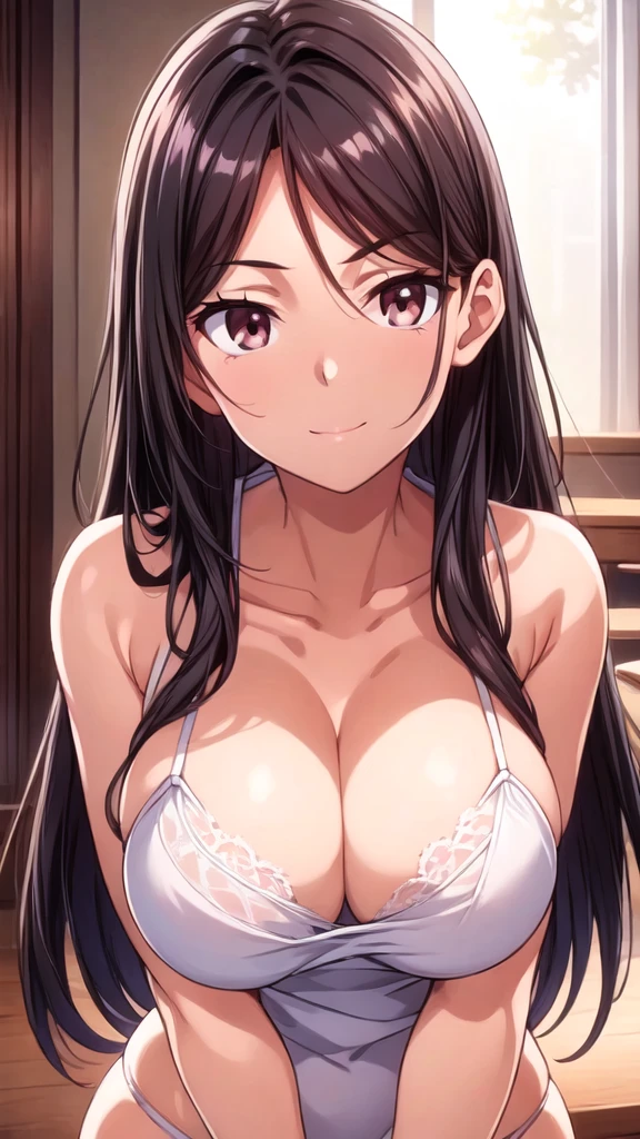 (upper body:1.4),(masterpiece:1.3),Portraiture, Realistic, (Brown eyes:1.3), (Black Hair:1.3),(Long Straight Hair:1.3),(18-year-old:1.3),(Big Breasts:1.3),(White underwear:1.4),Beautiful breasts,Beautiful underwear,Beautiful Hair,Beautiful Face,8K resolution, High quality CG, Beautiful CG,(slim:1.3),Soft Light,(arms behind back:1.4),( smile:1.3),(focus face:1.4),Ultra-high resolution,Highly detailed CG Unity 8k wallpaper,(Aesthetic Anime Eyes),(White underwear:1.4),