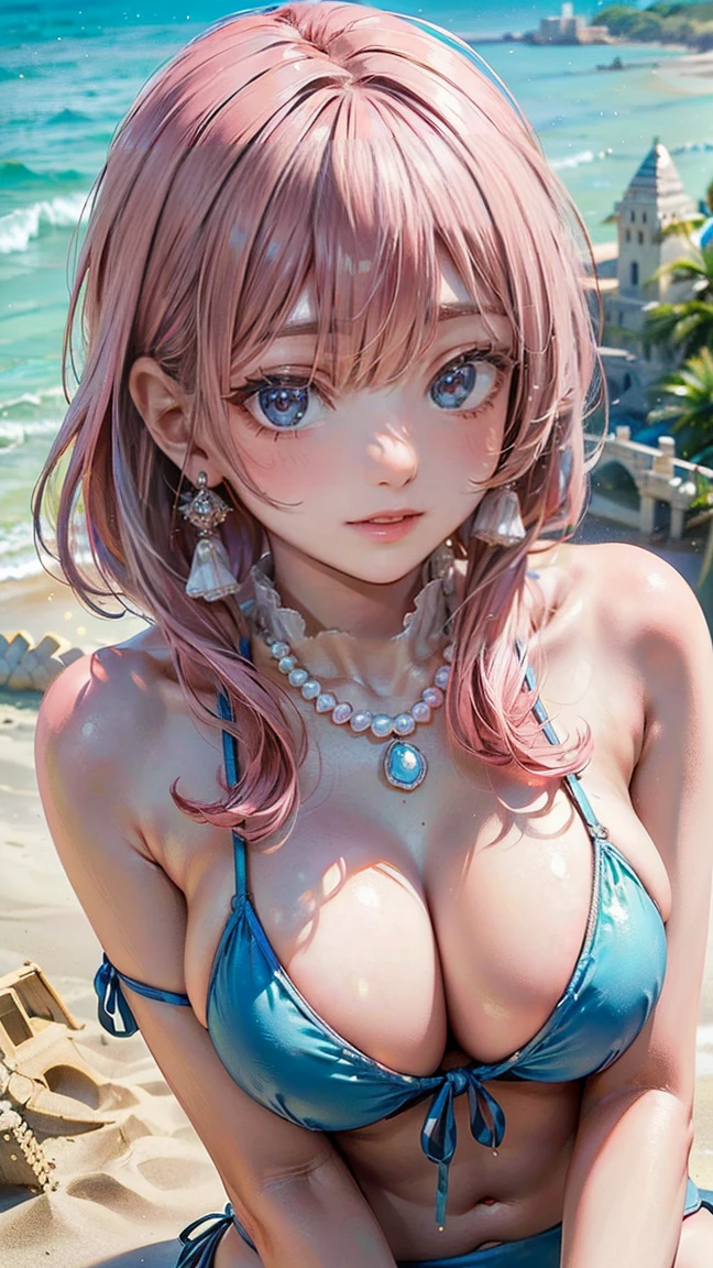 (Masterpiece, BestQuality:1.3), (ultra detailed:1.2), (hyperrealistic:1.3), (RAW photo:1.2), High detail RAW color photo, professional photograph, (Photorealistic:1.4), (realistic:1.4), professional lighting, perfect anatomy, (Big Breasts:1.2), (blush, detailed face), (cheerful Smile:1.5), (Pink Hair:1.5), Trending Hair&Trending Hairカラーをランダムに, earrings, necklace, bracelet, sexly, erotic sexly, Random sexy gravure poses, (A beautiful woman wearing a light blue ribbon bikini、Smiling cutely while building a sand castle on the beach。A pearl necklace around her neck。: 1.3)