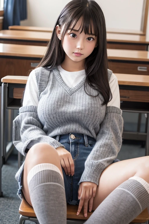 Wearing black knee-high socks、Highest quality、8K、Junior high school girl、Big Breasts、Denim shorts、Sit at a desk、Spread your legs、Grey knitted sweater、No sleeve、front