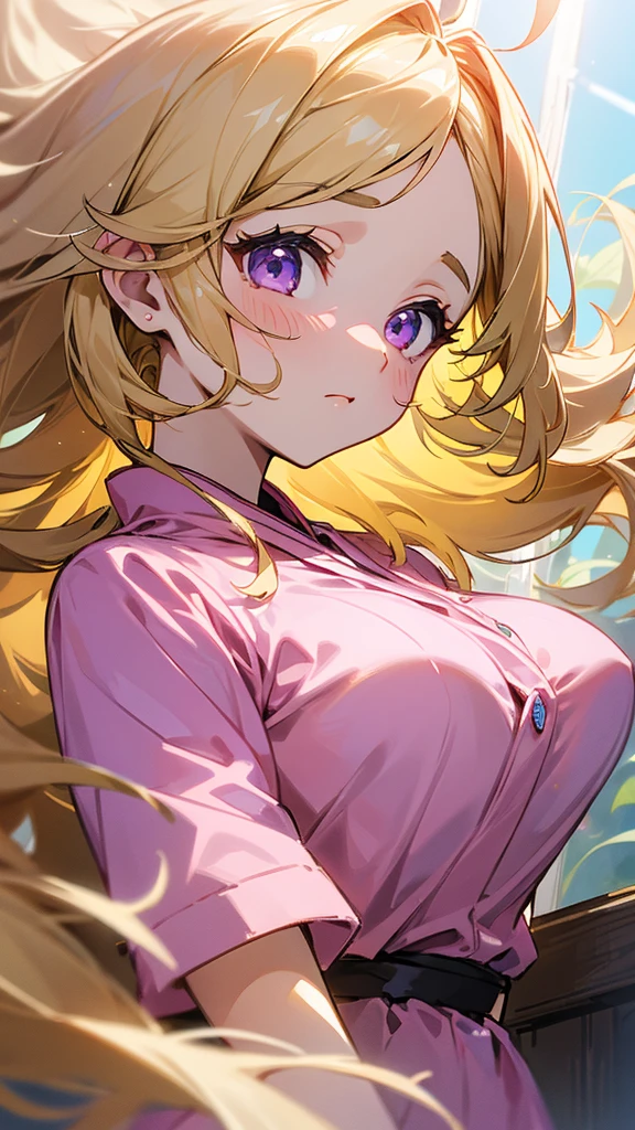 Highest quality、 masterpiece、Upper body close-up、 woman、Windblown Blonde、Shining Eyes、collective phobia、Light clothing、Pink clothes