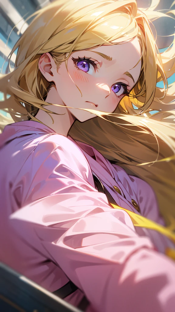 Highest quality、 masterpiece、Upper body close-up、 woman、Windblown Blonde、Shining Eyes、collective phobia、Light clothing、Pink clothes